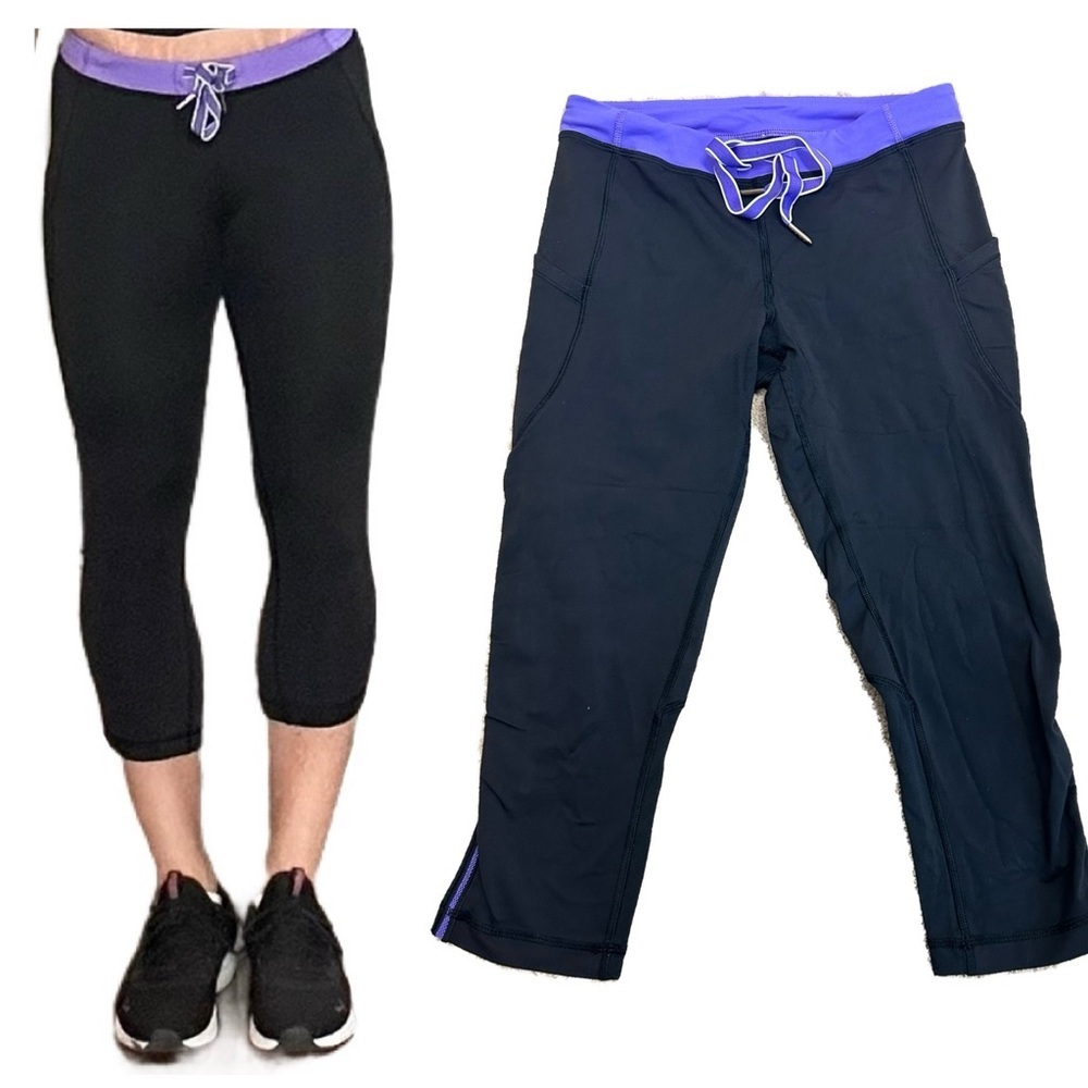 Lululemon black capris purple drawstring waistband